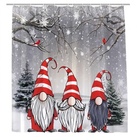 JONSEQIN Merry Christmas Shower Curtain Funny Gnomes Winter Holiday Gray Farmhouse Animals Rustic Green Leaves Pine Branch Fir Tree Forest New Year Bathroom Decor Curtains 70x70 inch with Hook