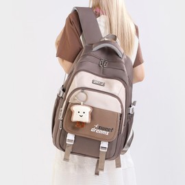 Makukke School Backpack Teenager School Bag Girls 5th Class 30L Storage Space School Bag Waterproof Backpack School Casual Children's Backpack with Cute Pendant, khaki, Daypack Backpacks