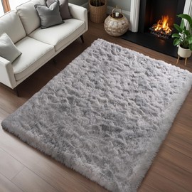 Zentavio Soft Area Rugs for Living Room Bedroom 6x9 Feet Fluffy Fuzzy Furry Shaggy Aesthetic Carpet Plush High Pile Floor Rug for Nursery Kids Room Dorm Home Decor Tie-Dyed Light Grey