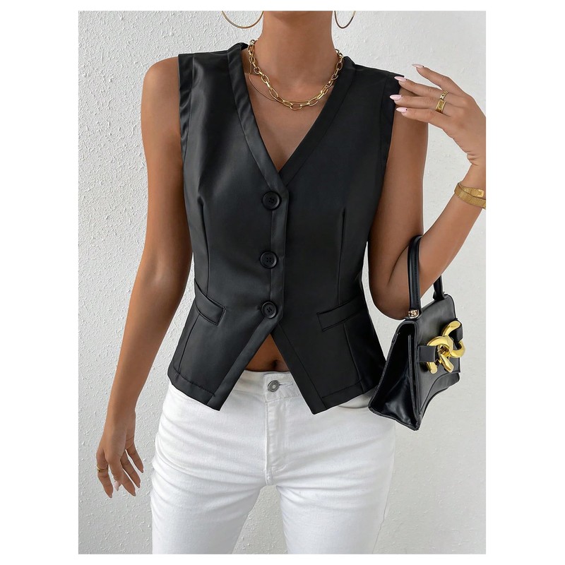 MakeMeChic Women's Vest Tops PU Leather Button Down V Neck