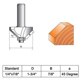 Chamfer Router Bits 1/4-inch Shank with 45 Degree 7/8 inch Cutting Length, Edge Forming Cutter Tungsten Carbide Tip for Woodworking