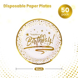 DHAIQC Paper Plates, White Gold, Pack of 50, Paper Plates, Birthday Party Plates, 23 cm, White with Gold Rim, Disposable Plates, Paper Plates, Children's Birthday Party Tableware (Birthday White, 23