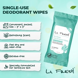LA Fresh Antiperspirant Wipes, Body Deodorant Wipes for Women and Men, Pack of 3 10-count Pouches (30-count)