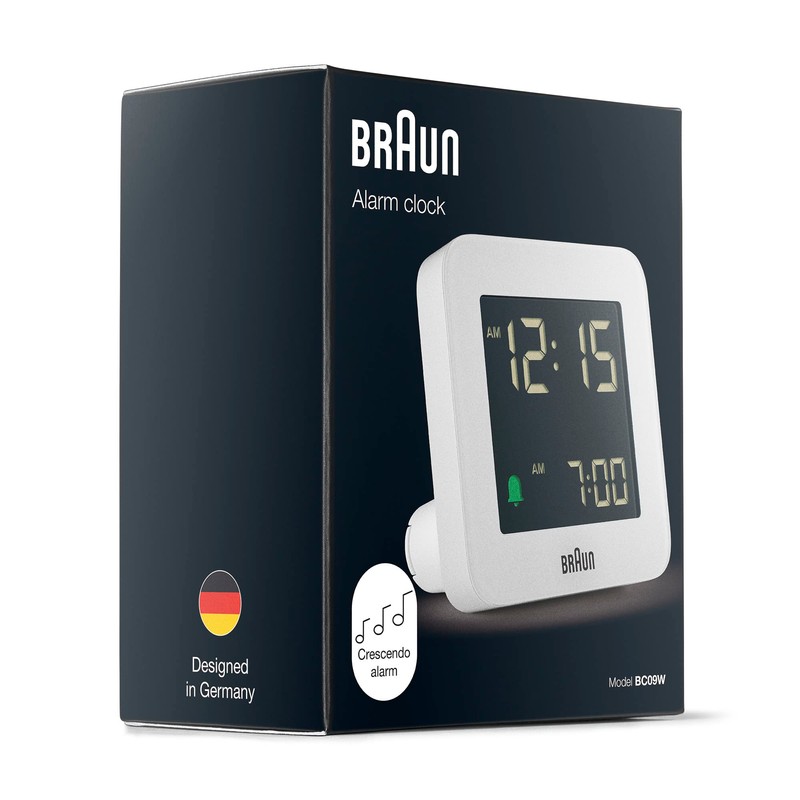 Braun digital alarm clock with snooze, negative LCD display, quick