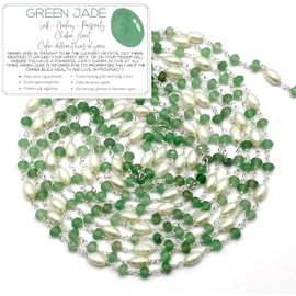 Green Apple Jade with Glass Pearl 36 Inch 92.5 Sterling Silver Plated 4 mm - 4 x 6 mm Rondelle Drum Faceted Smooth Beads Necklace Chains Bulk for DIY Necklace Bracelet Choker Jewellery 3 Feet