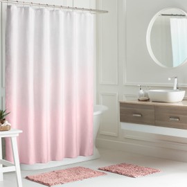 Creative Home Ideas Bathroom Sets with Shower Curtain and Rugs| Shower Curtain Sets with Rugs Includes Shower Curtain, Liner Set, 2 Chenille Bathmats and 12 Hooks | 70" x 72"| White/Blush Pink
