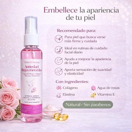 Tónico Facial Suero Agua de Rosas, Colágeno, Elastina, Vitamina E 125ml, Rejuvenecedor, Hidratante, Antioxidante, Refrescante.
