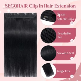 SEGOHAIR Clip In Hair Extensions for women One Piece 5 Clips Real Human Remy Hair Extension Long Straight Hairpieces for women 8 Inches #01 Jet Black