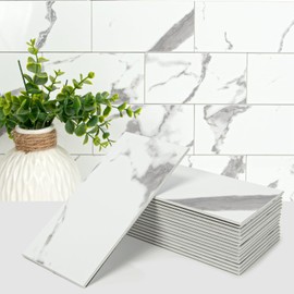 Art3d 102-Piece Faux Stone Peel and Stick Backsplash Tile, Waterproof Thick PVC Stick On Subway Wall Tile for Kitchen Bathroom Laundry Room Fireplace - 3" x 6" Gray Marble