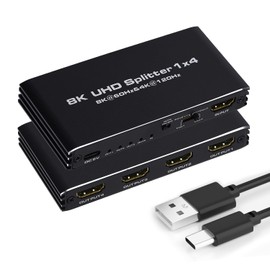 8K@60Hz HDMI Splitter 1 in 4 Out, 1x4 HDMI 2.1 Splitter Support 4K@120Hz, 1080P@240Hz VRR HDCP2.3 HDR 10, 48Gbps EDID Dolby Atmos 7.1ch