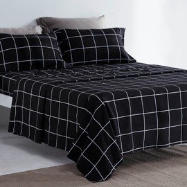 SLEEP ZONE Printed Plaid Full Size Sheet Set 4 Piece - Double Brushed Microfiber Super Soft Breathable Bedding Sheets with 16 inch Deep Pocket (White Grid Printed on Black)