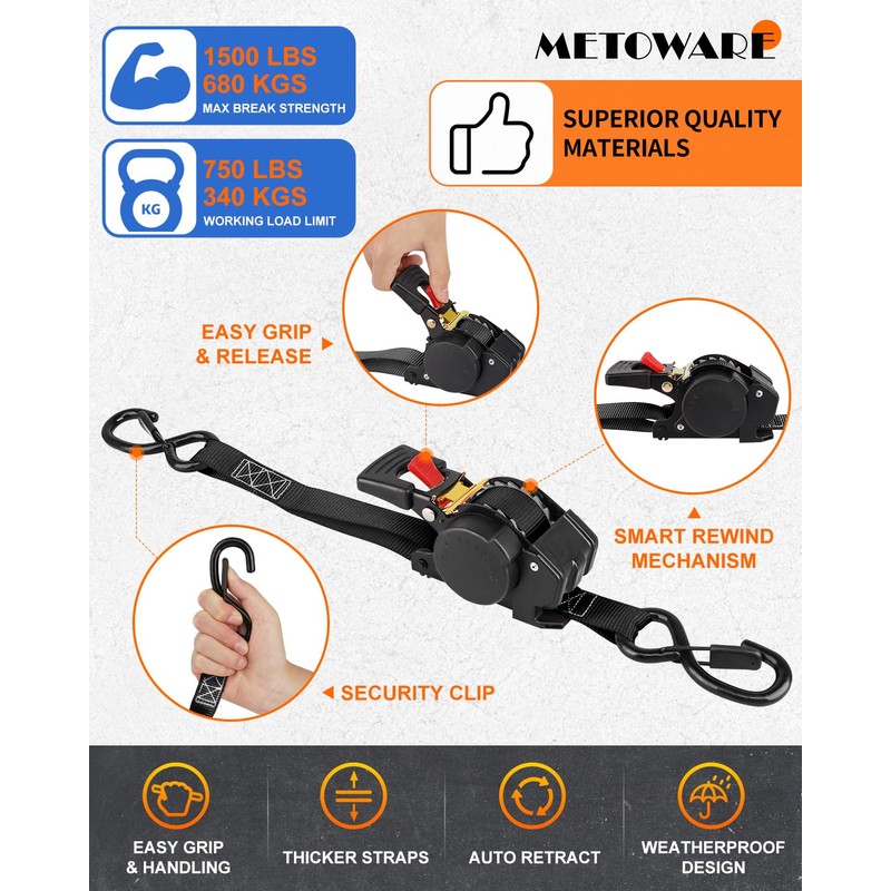 METOWARE Retractable Ratchet Straps (4-Pack) - 1" x 10' (1500lb
