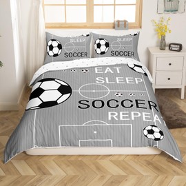 jejeloiu Kids Soccer Bedding Set Full Size Football Comforter Cover Set Boys Girls Eat Sleep Duvet Cover Sports Theme Gaming Sports Grey Bedspread Cover(No Comforter)