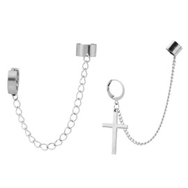 Jemant Ear Cuff Clip With Dangle Drop Cross Chain Earrings Silver Stainless Steel Punk Cool Kpop Cross Ear Clip On Hoop Chain Earrings Set Jewelry For Men Women Bro Hushand Father