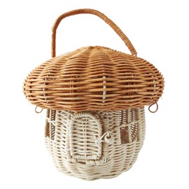 Mushroom Basket with Lid, Easter Basket for Kids, 10 Inch Mushroom Storage Basket, Handmade Rattan Basket, Portable Picnic Basket, Woven Shelf Organizer for Doll House, Home Decoration, Photo Prop