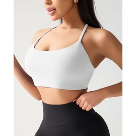 Ama Larsi Sports Bras for Women Spaghetti Thin Strap Low Impact U Back Workout Yoga Bras with Removable Pads Cream White