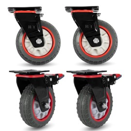Iron Forge Tools Heavy Duty Swivel Knobby Casters Set of 4, 6" Height, 5" Diameter, Solid PU Knobby Tread Heavy Duty Wheels, Swiveling Bases, Two Casters with Brakes, Two Without, Black & Red