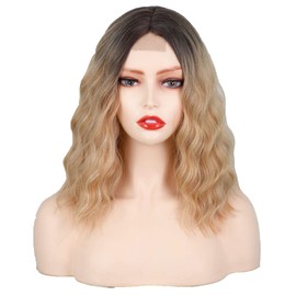 Luovce Synthetic Wigs For Women Shoulder Length Short Wavy 14 inches Small-Part-Lace Front Wigs Ombre Blonde Color #R4/27/613