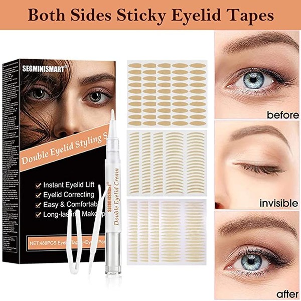 Double Eyelid Tape, 480 Pieces Slip Lid Stripes, Eyelid Stripes, Eyelid Cream, Eyelid Tightening, Slip-On Lid Tape Strips for Eyelid Lifting without Surgery, Eyelid Tape, Mono Eyelid