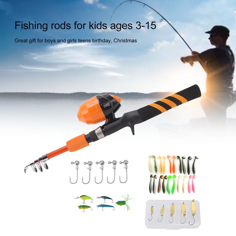 1.5m Kids Fishing Pole Orange Mini Portable Retractable Foldable Beginner