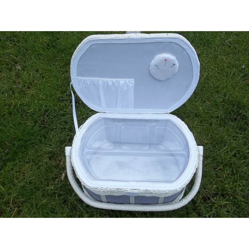 Sewing Box Sewing Basket with Sewing Kit Sewing Storage/White/Blue Chequered