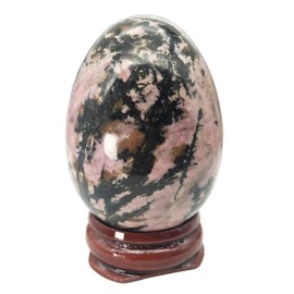 Ladeukoi Stone Egg Figurine, Polished Healing Crystal Easter Eggs Sphere Sculpture with Wood Stand, Rhodonite, 1.8"