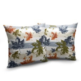 Kwlegh 2 Pack Thanksgiving Maple Leaves Pillow Covers Colorful Leaf Pillow Cases Blue White Striped Throw Pillow Covers Fall Cotton Linen Farmhouse Pillow Covers for Living Room Patio Outdoor 20x20