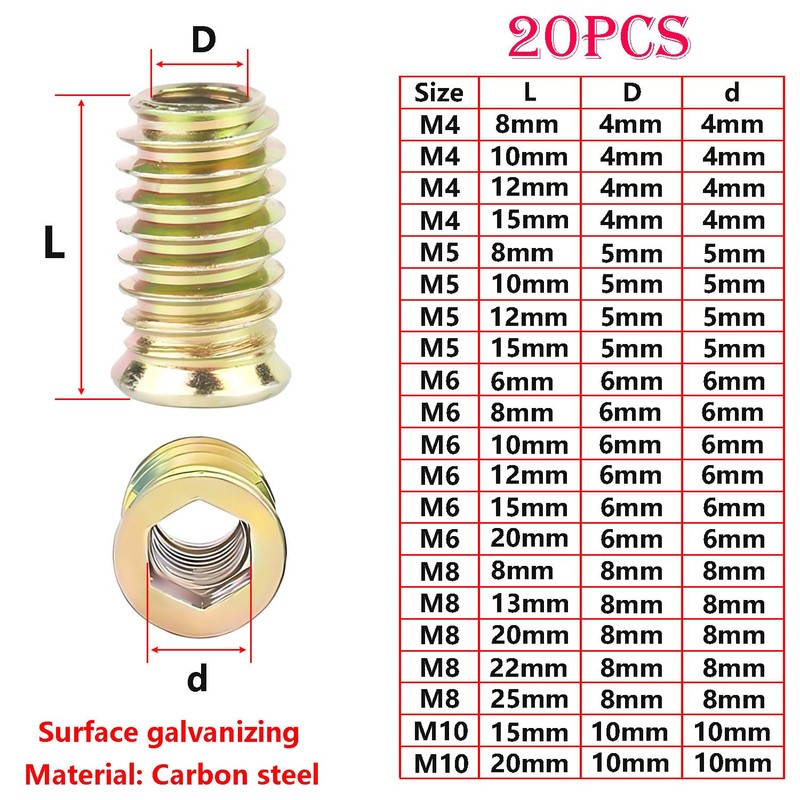 Qrity 20PCS Threaded Inserts Nuts, Hex Drive Head Nuts, Threaded