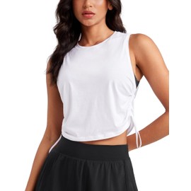 INGIA Pima Cotton Women Crew Neck Workout Cropped Tank Tops Ruched Side Sleeveless Gym Yoga Running Shirts White Small