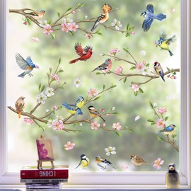 wondever Birds Tree Branch Window Stickers Hummingbirds Flower Spring Window Decals Anti Collision Double-Side Static Glass Sticker Decal for Home Glass Window Clings Decorations