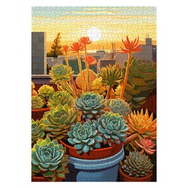 Succulents Plant Puzzles for Adults 1000 Pieces, Cactus Succulent Sunset Jigsaw Puzzles, Nature Flower Garden Retro Art Puzzles as Succulent Decor