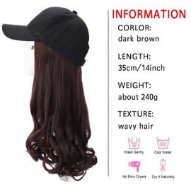 LaLuLoLi Synthetic Long Hair Extensions Hat with Curly Wavy Hairpiece Baseball Cap With Hairpieces Attached Adjustable Cap Black Hat Wigs Dark Brown Hair Extensions for Women (14", dark brown)