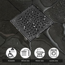 4 Inch Square Shower Floor Drain with Flange,Newly Upgraded Electroplating Black，Quadrato Pattern Grate Removable,Food-Grade SUS 304 Stainless Steel (Black 4X4)