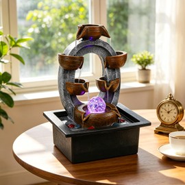 Desktop Water Fountain Indoor:6 Tier Cascading Waterfall with Spinning Orb & Chasing LED Lights, Small Zen Stone Fountain for Office Desk Bedroom Nightstand Relaxation, 13 Inch Tabletop Decor