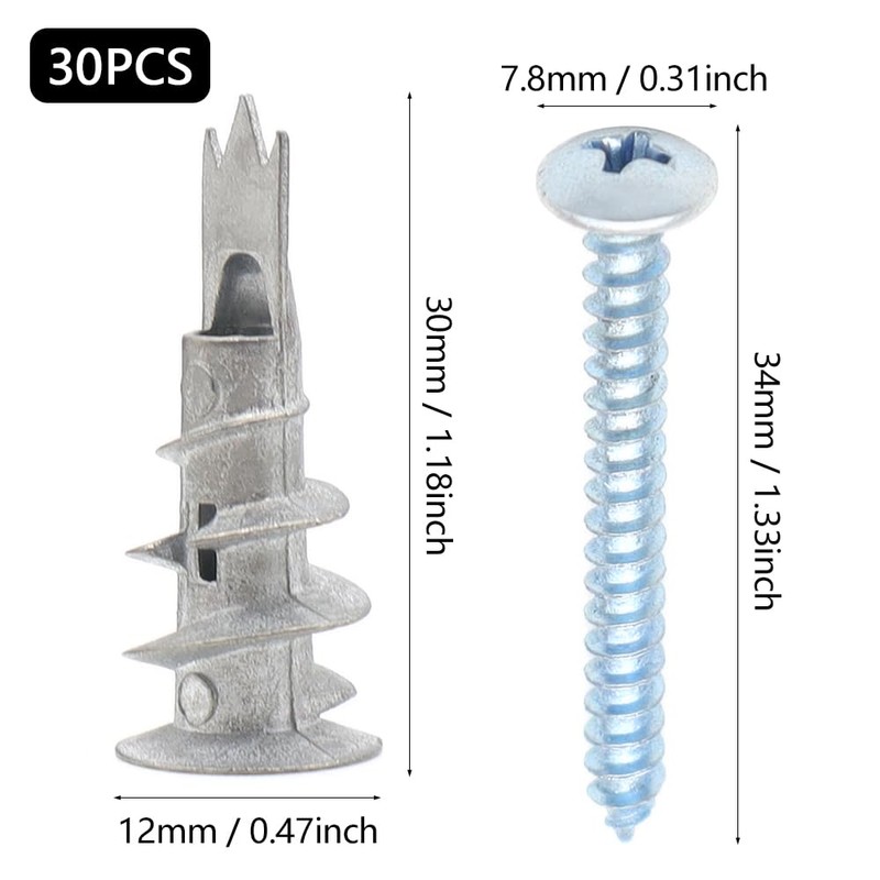 30 Pack Plasterboard Fixings Raw Plugs and Screws 3 Pointed
