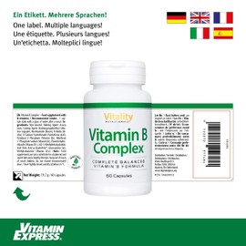 Vitamin B Complex High Dosage. All 8 B Vitamins (B1, B2, B3, B5, B6, B7, B9, B12), Inositol, Highly Bioavailable Folic Acid as Quatrefolic. 60 Capsules. Vegan, Vitality Nutritionals by VitaminExpress