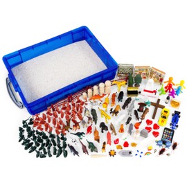 PTS Games Play Therapy Supply Basic Portable Sand Tray Starter Kit with Tray, Sand, and 150+ Miniatures