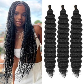 Ocean Wave Braid Hairstyle for Black Women, Deep Wave Crochet Hair, Ocean Wave Crochet Synthetic Hair Extension for Boho Braids, (1B#, 24 Inches, 3 Packs)