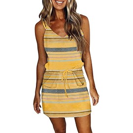 Women Summer Casual Striped Dress Sleeveless Halter Strap Flowy Boho Dress with Pockets