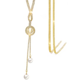Suyi Trendy Crystal Long Necklace All-Match Style Shining Clothing Sweater Chain Pearl Gold 2