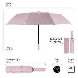 Travel Umbrella for Rain and UV Sun Protection, Folding Car Umbrella, Windproof Lightweight Automatic Open and Close UPF50+, Compact Portable,10 Ribs (PinkBeige)