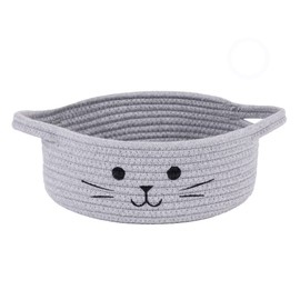 Small Woven Rope Storage Basket, Cute Cat Toy Basket for Living Room, Baby Basket for Nursery, Gift Basket Empty for Baby Shower, Nursery Decor, Basket for Shelves, Grey, 25 x 10 cm