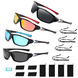 KBIBCK 4 Pack Polarized Cycling Sunglasses, Sports Sunglasses for Men Women, Polarized Sunglasses with Sports Lanyard, Glasses Pouch and Glasses Cloth, UV400 Protection for Cycling, Fishing, Driving