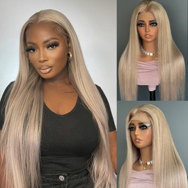 Ash Blonde Lace Front Human Hair Wig for Black Women,180% Density Pre Plucked Blonde Wig Human Hair 13x6 HD Transparent Long Straight Grey Lace Wig Bleached Invisible Knots with Baby Hair
