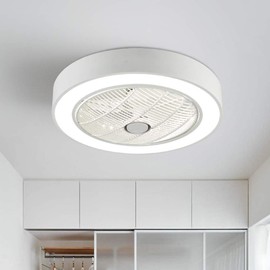 TFCFL 22" Modern Invisible Ceiling Fan with Light, Semi Flush Mount Invisible Chandelier Fan Drum Shape with Remote Control 3-Speed Hidden Blades Low Profile Quiet Electric Fan for Bedroom (White)