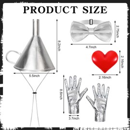 GANSHAYA 4 Pcs Tin Costume Accessories Silver Funnel Hat Gloves Bow Tie Heart Set for Adult Man Women Cosplay Party