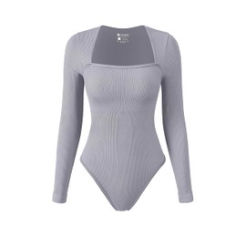 OQQ Women's Bodysuits Sexy Ribbed Square Neck Long Sleeve Tummy Control Casual Fall Bodysuits Grey