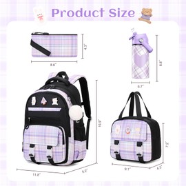 4pcs Girls Backpack, School Backpack for Girl with 14oz Insulated Water Bottle, Lunch Box and Pencil Case, Cute Kawaii Plaid Book bag for Girls Kindergarten Elementary Preschool Middle High School