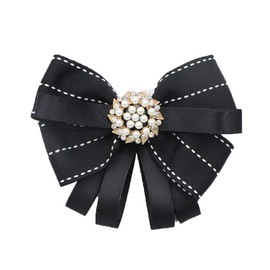 JKQBUX Pearl Bow Brooch Pre Tied Neck Tie Brooch Pin Clip Ribbon Plaid Bow Tie for Women Wedding Party (Black)