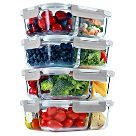 FIT Strong & Healthy 2 and 3 Compartment Glass Meal Prep Containers – Glass Bento Box for Adults, Portion Control, Food Storage, Lunch Container, Oven & Freezer Safe, Leak-Proof, 32 oz, Gray, 4 Pack